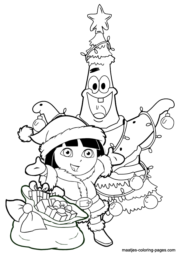 Patrick Star as christmas tree and Dora the Explorer as Santa Claus with presents