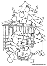 Winnie the Pooh under the christmas tree opening his christmas presents